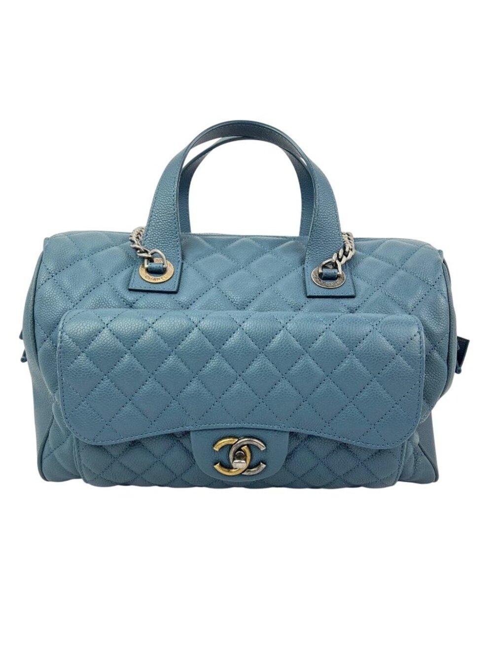 Chanel Quilted Caviar Large Blue Bowling Bag Ruthenium